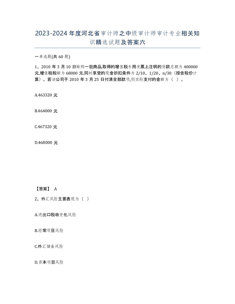 2023-2024年度河北省审计师之中级审计师审计专业相关知识试题及答案六