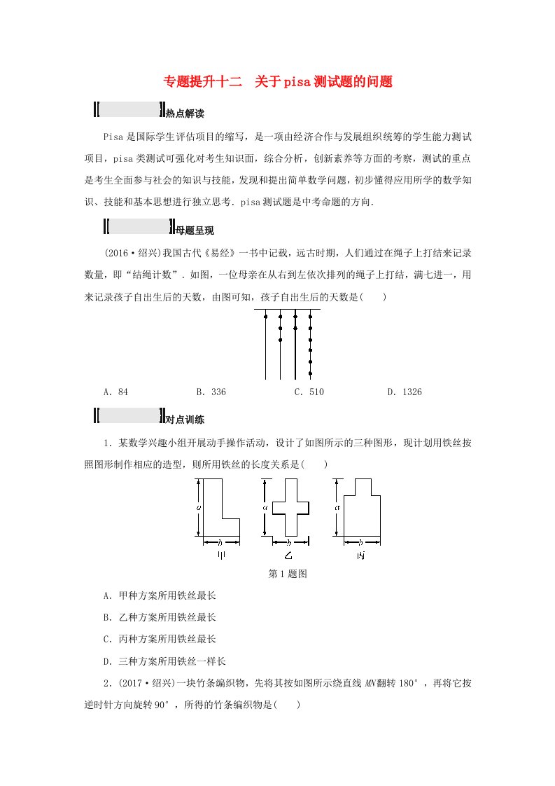 浙江省2022年中考数学总复习专题提升十二关于pisa测试题的问题试题