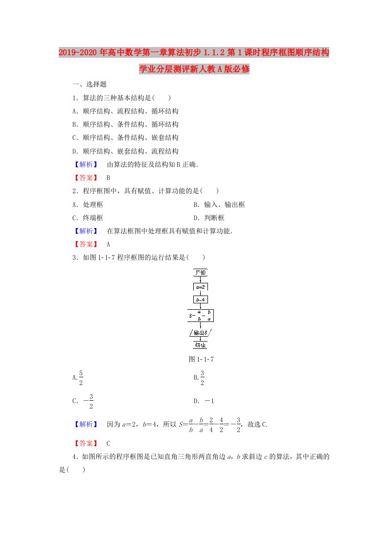 2019-2020年高中数学第一章算法初步1.1.2第1课时程序框图顺序结构学业分层测评新人教A版必修