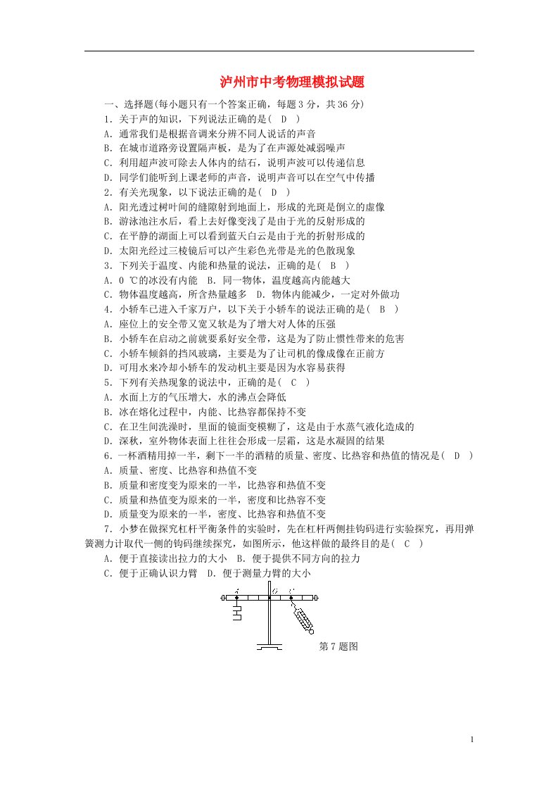 四川省泸州市中考物理模拟试题