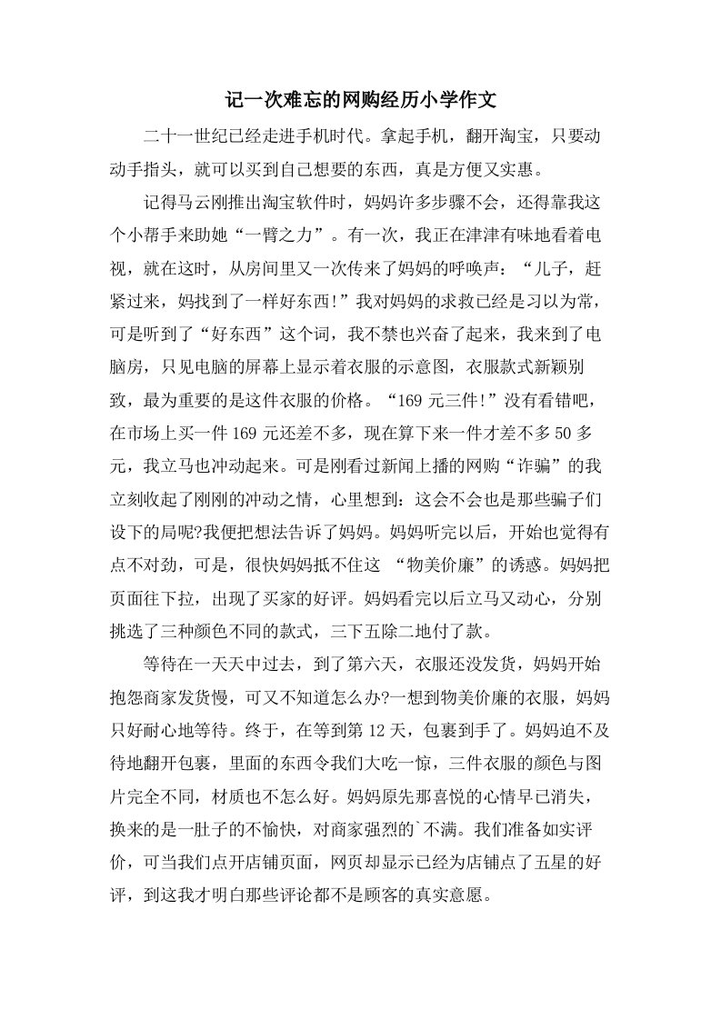 记一次难忘的网购经历小学作文