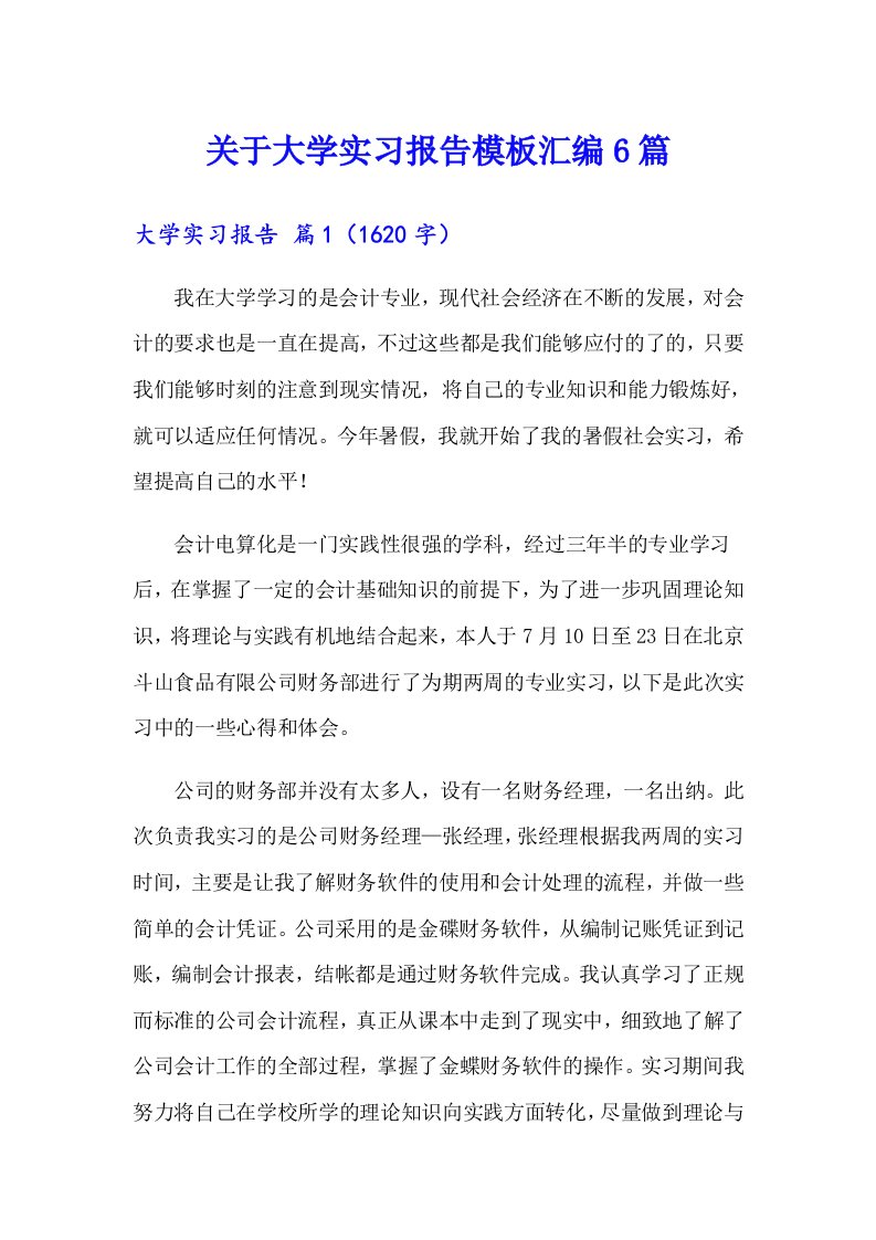 关于大学实习报告模板汇编6篇