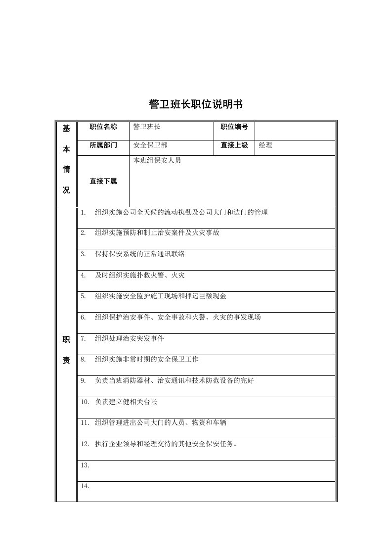 安全保卫部警卫班长岗位职责