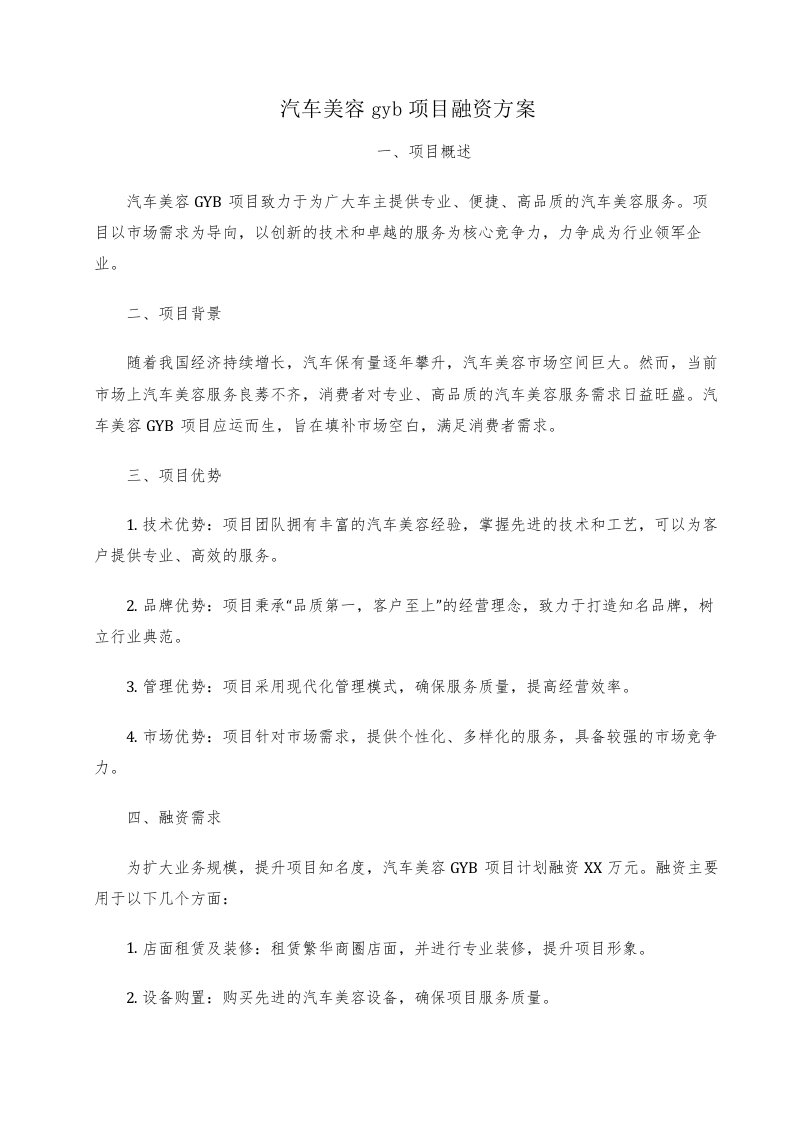 汽车美容gyb项目融资方案