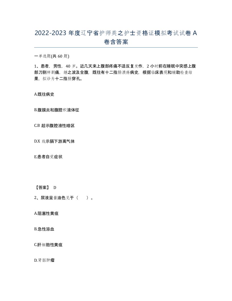 2022-2023年度辽宁省护师类之护士资格证模拟考试试卷A卷含答案