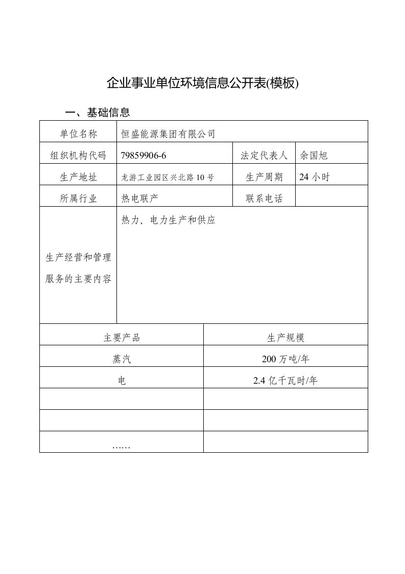 企业事业单位环境信息公开表模板