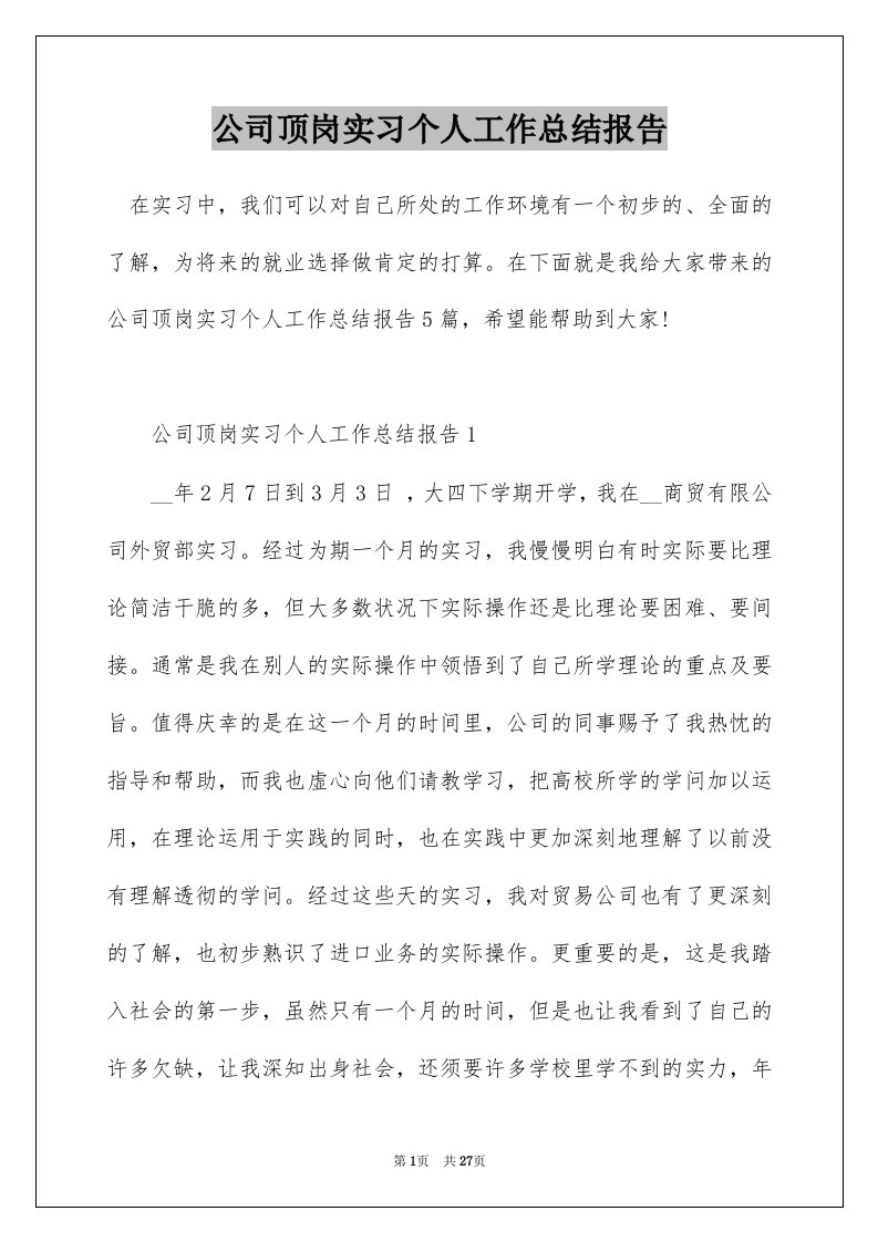 公司顶岗实习个人工作总结报告