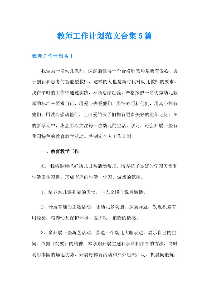 教师工作计划范文合集5篇