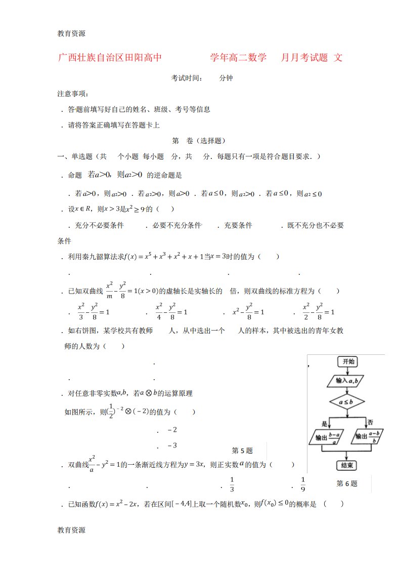 【教育资料】广西壮族自治区田阳高中高二数学11月月考试题