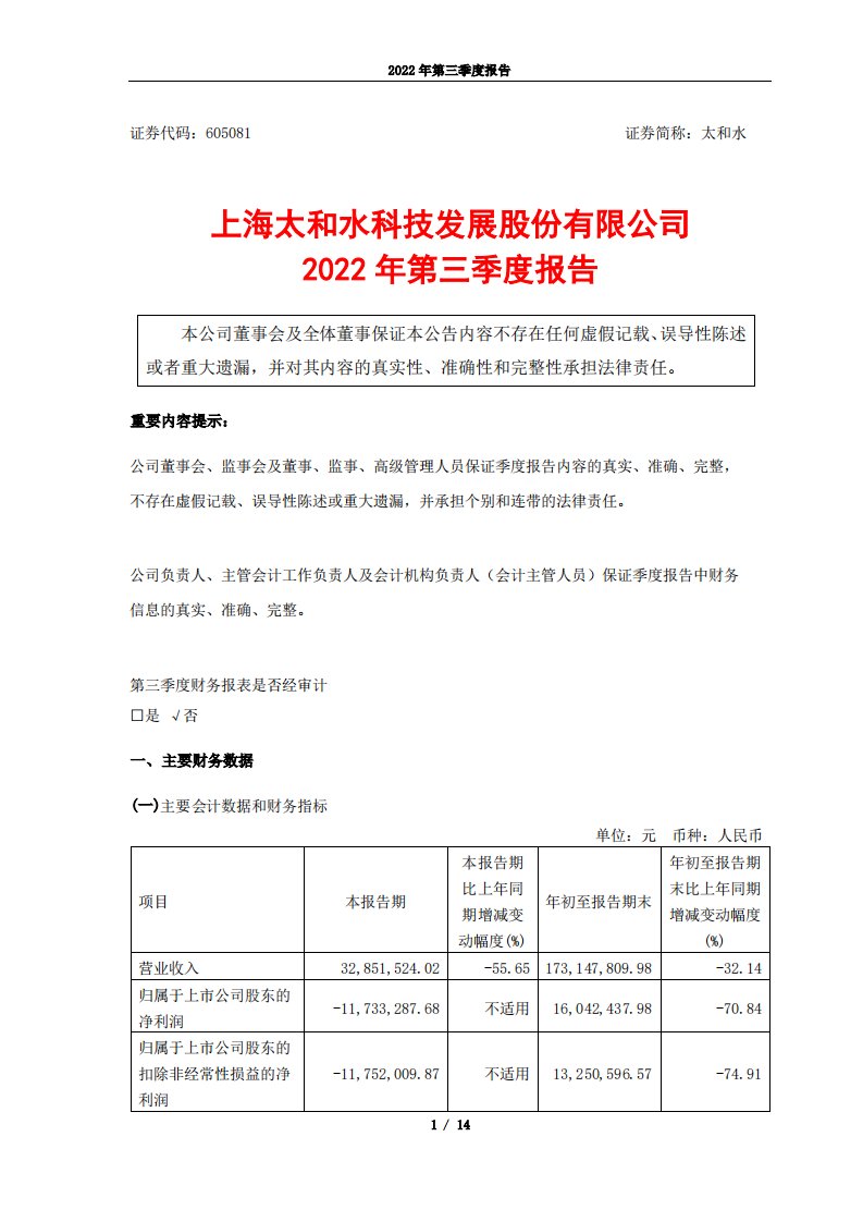 上交所-上海太和水科技发展股份有限公司2022年第三季度报告-20221028