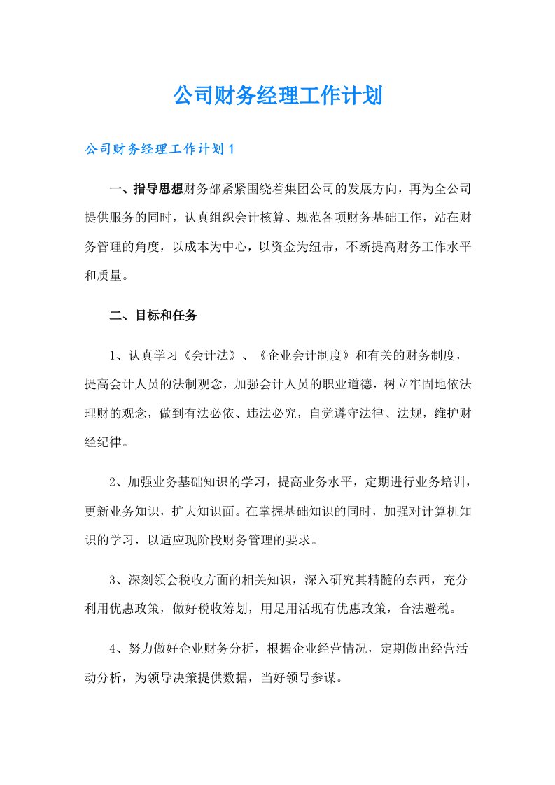 公司财务经理工作计划