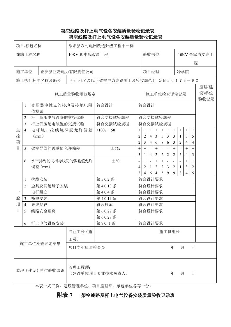 绥阳县农村电网改造升级工程架空线路杆上设备安装记录表