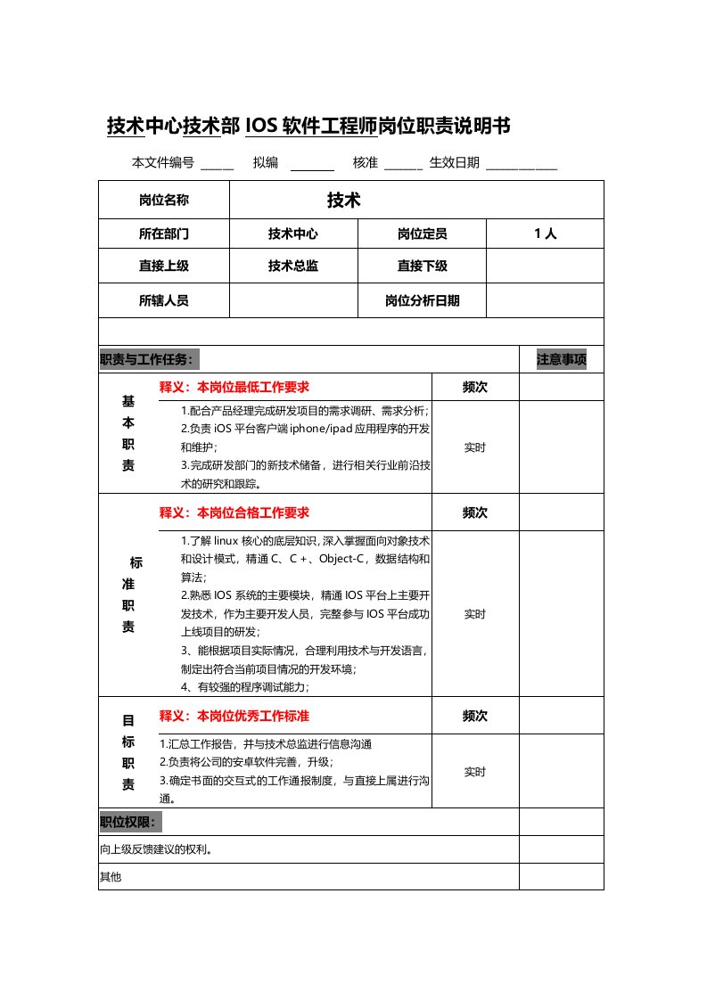 工程资料-技术中心IOS软件工程师岗位职责说明书