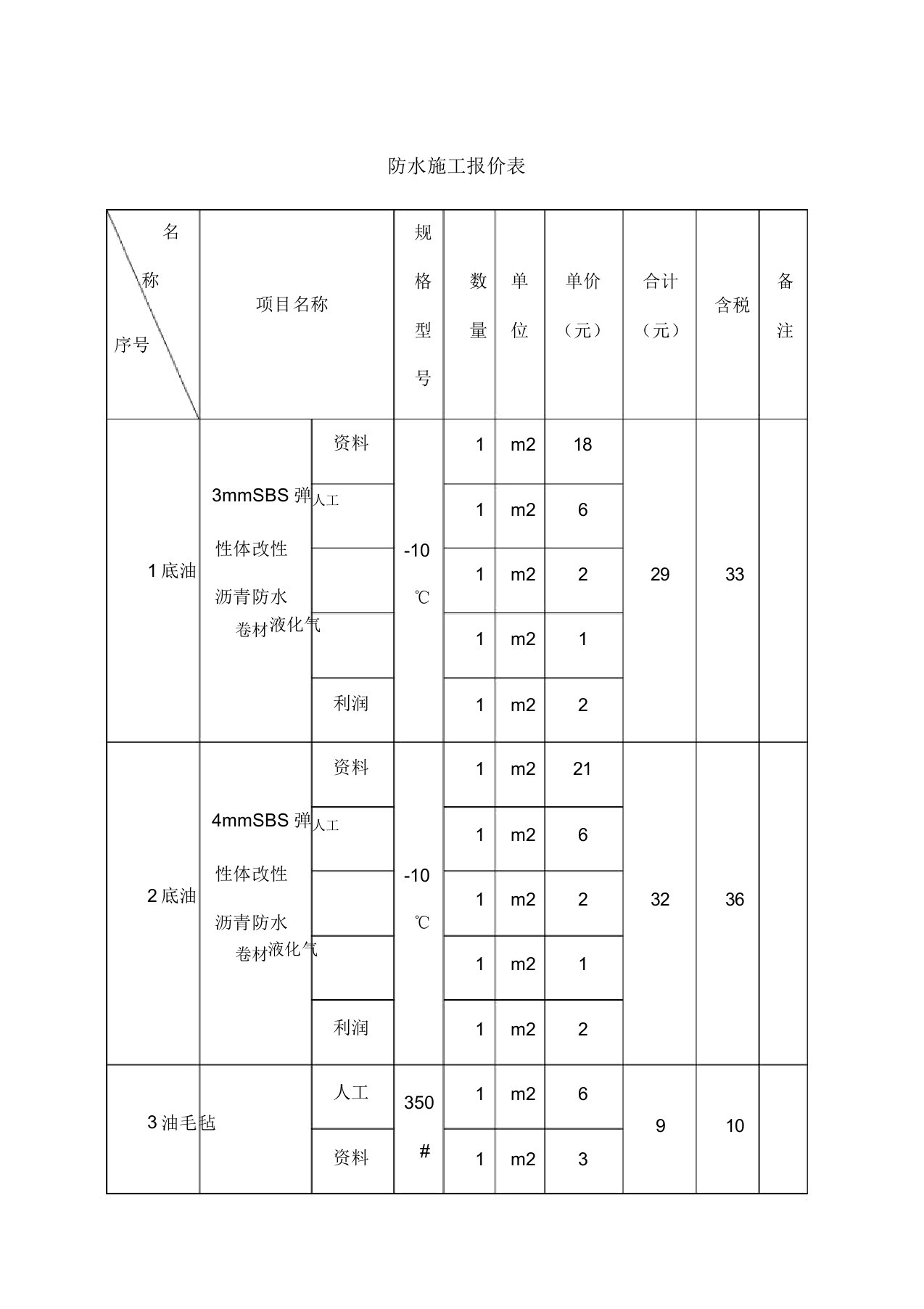 防水施工报价表