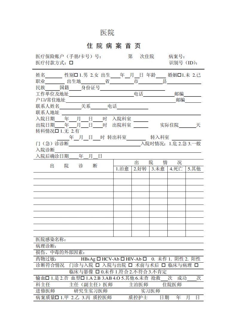 住院病案首页格式