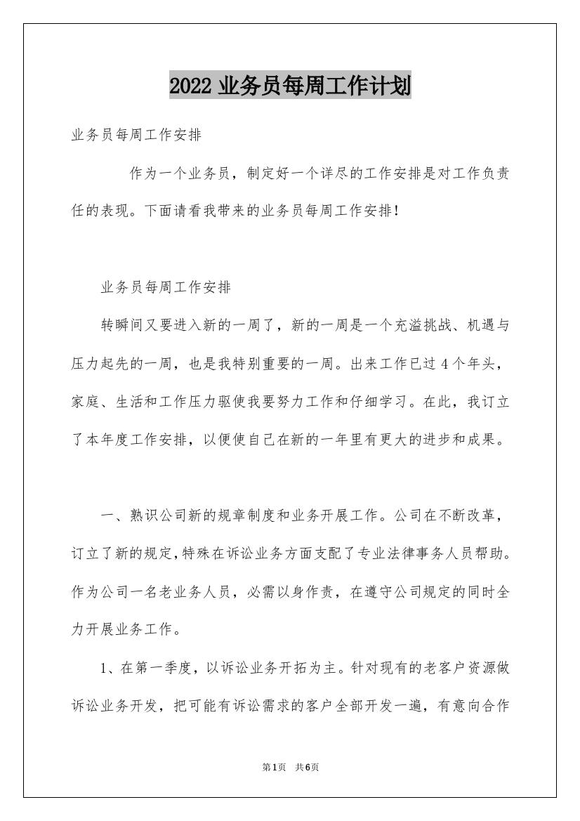 2022业务员每周工作计划