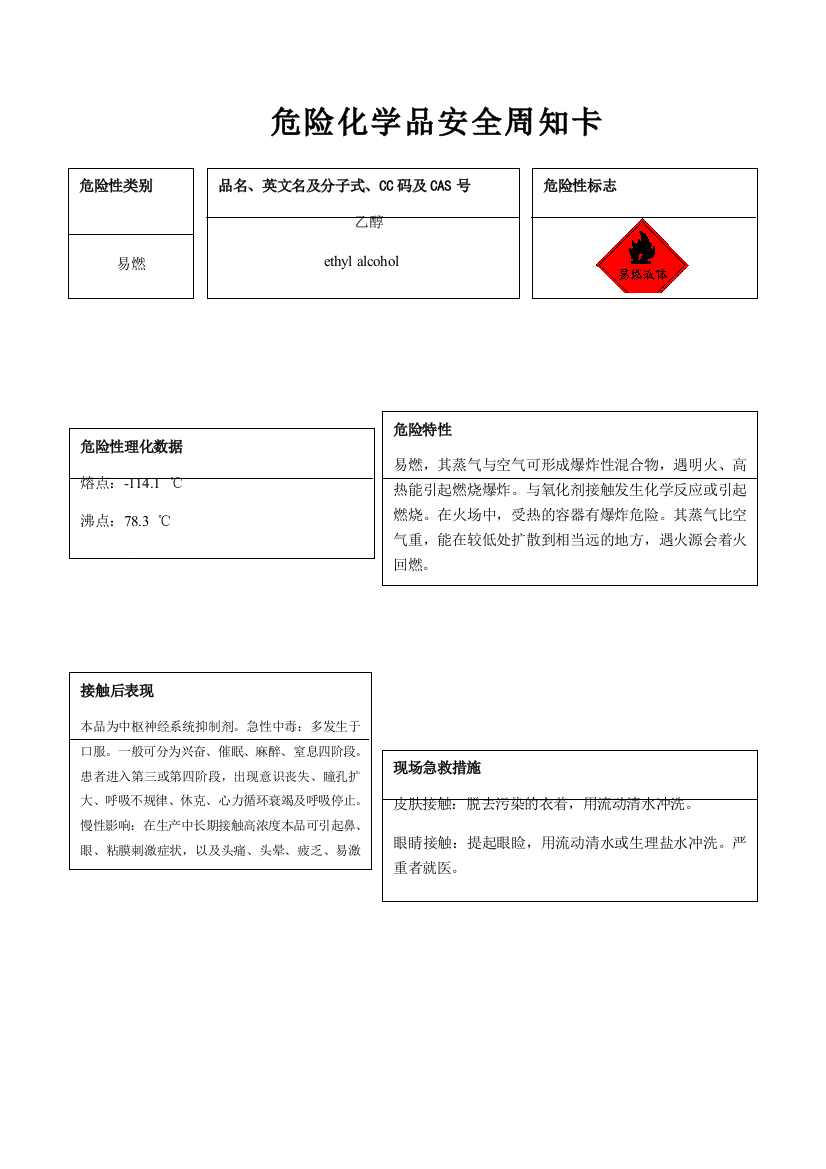 乙醇危险化学品安全周知卡