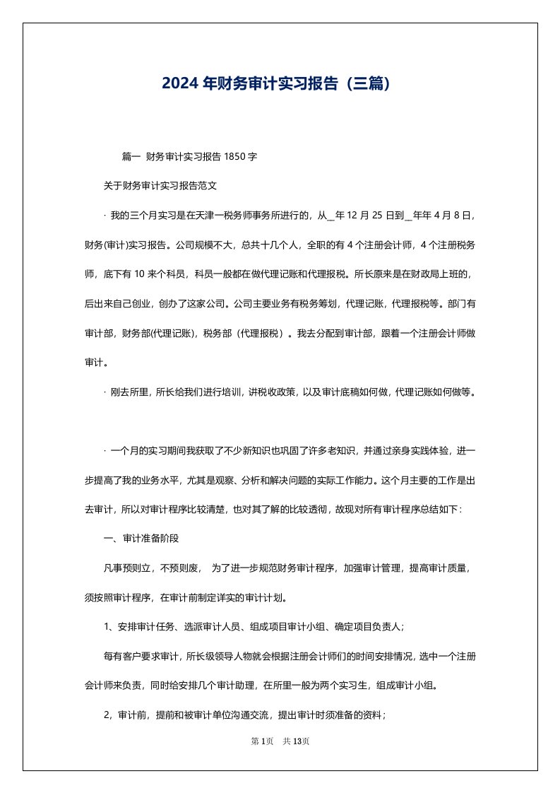 2024年财务审计实习报告（三篇）