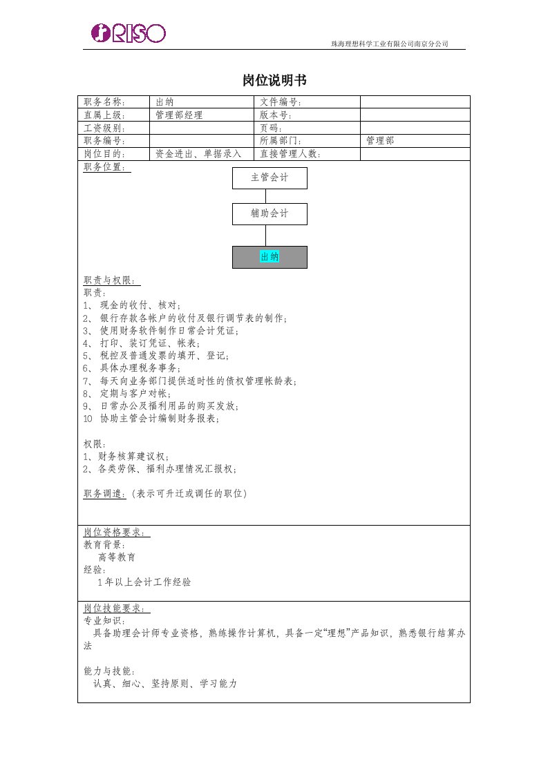 某公司南京分公司出纳岗位说明书(doc)-财务制度表格