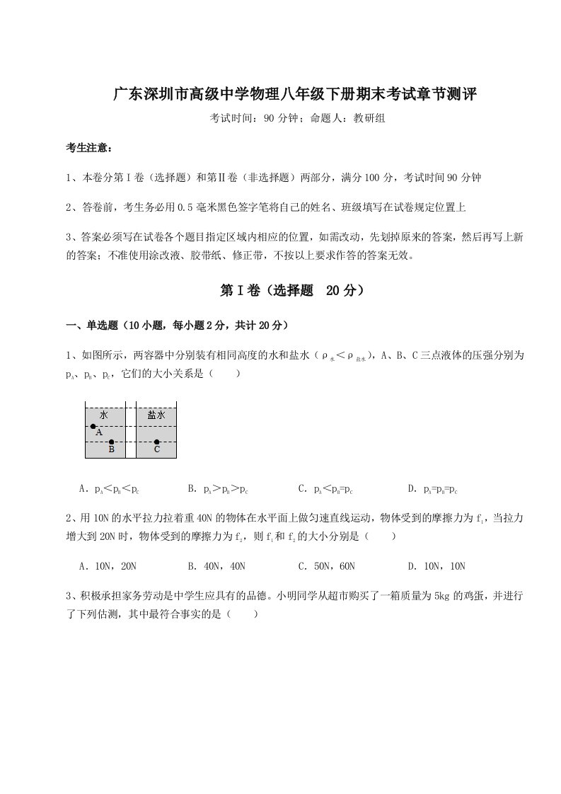 2023-2024学年广东深圳市高级中学物理八年级下册期末考试章节测评试卷（详解版）