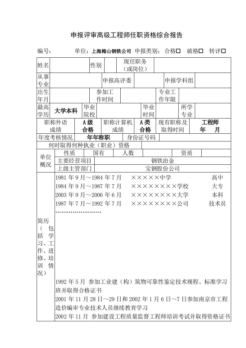 申报评审高级工程师任职资格综合报告(土建)