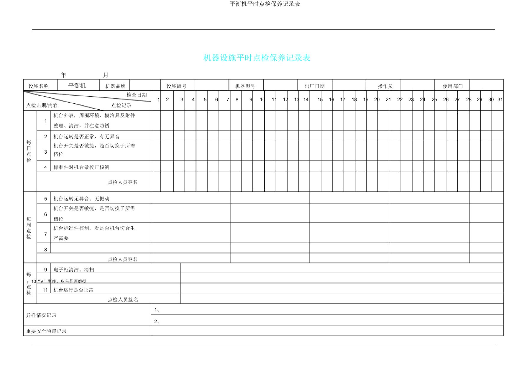 平衡机日常点检保养记录表