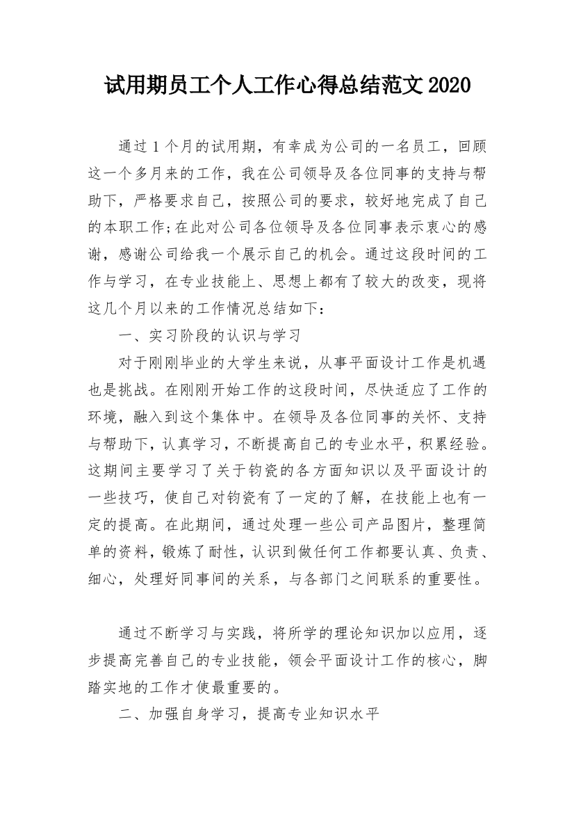 试用期员工个人工作心得总结范文2020