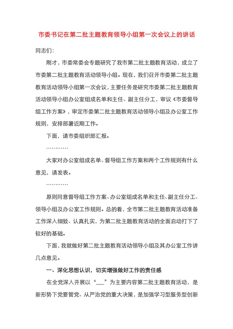 市委书记在第二批主题教育领导小组第一次会议上的讲话