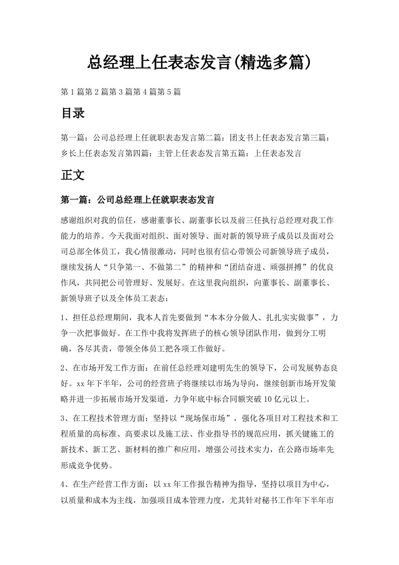 总经理上任表态发言精选多篇