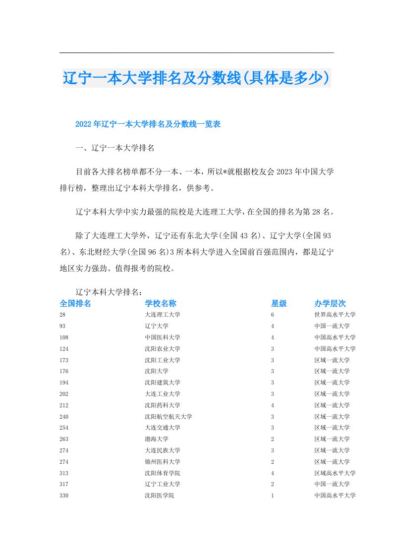 辽宁一本大学排名及分数线(具体是多少)