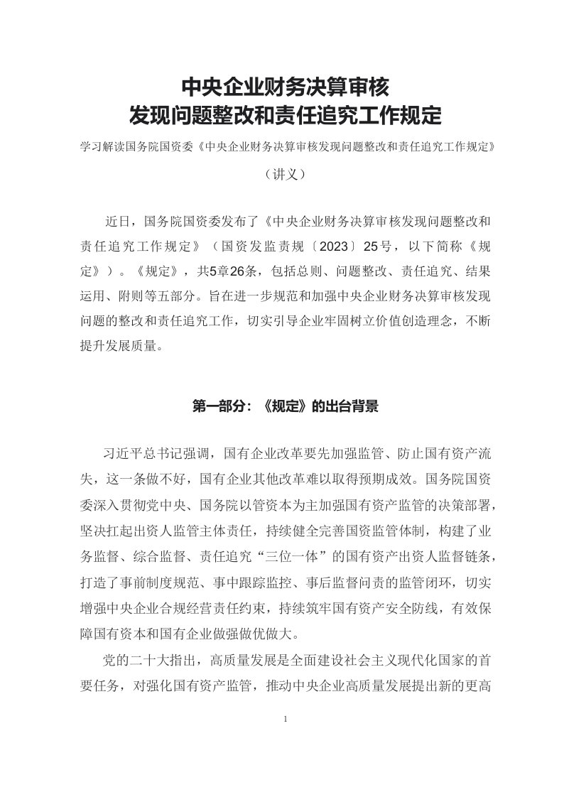 学习解读2023年央企财务决算审核发现问题整改和责任追究工作规定ppt讲义