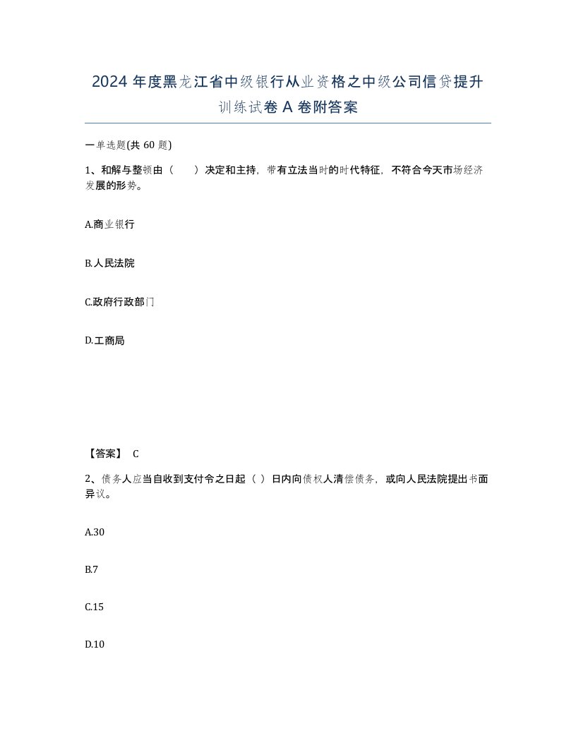 2024年度黑龙江省中级银行从业资格之中级公司信贷提升训练试卷A卷附答案