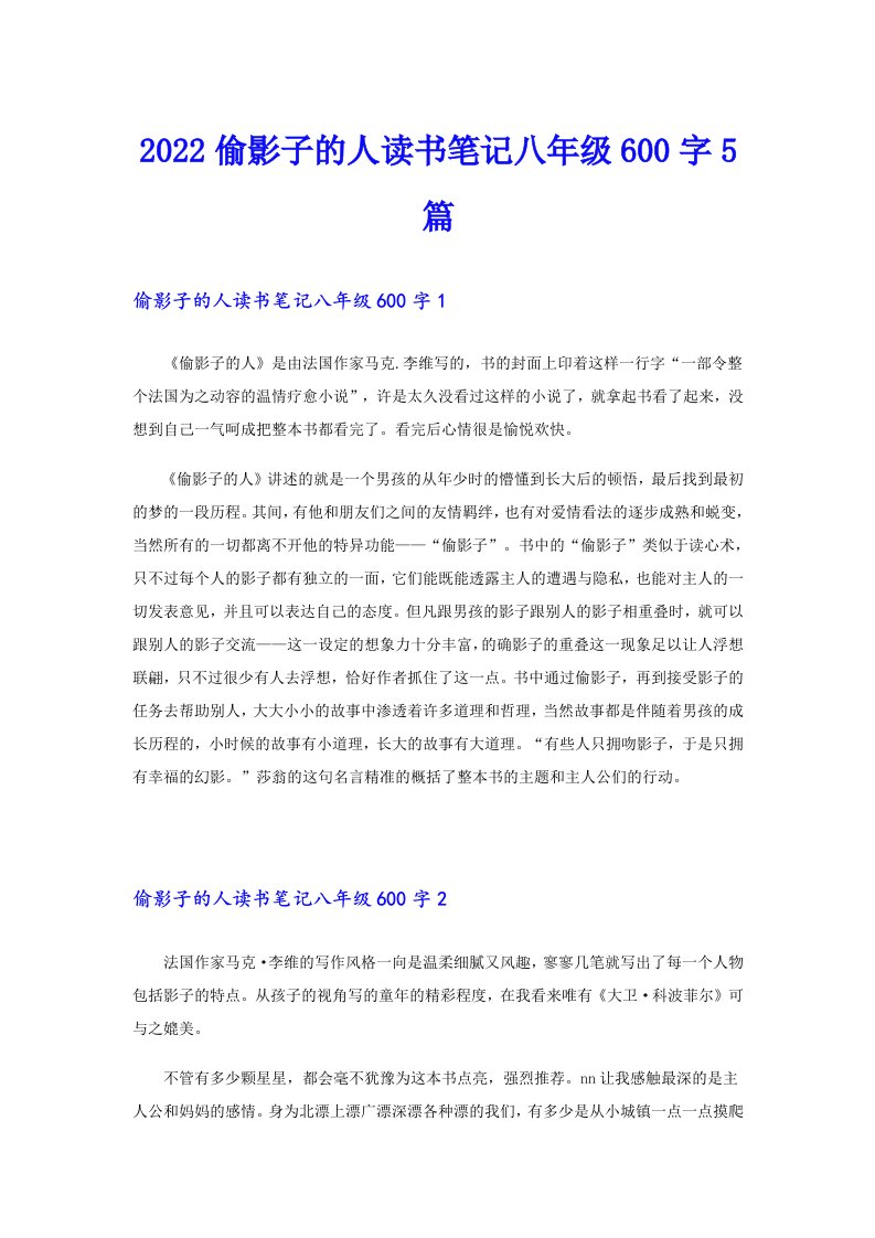 偷影子的人读书笔记八年级600字5篇