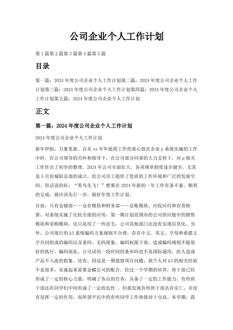 公司企业个人工作计划