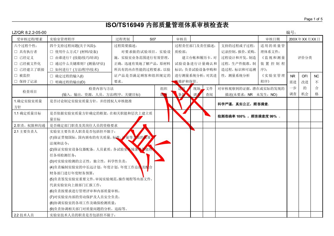 内部质量管理体系审核检查表（S07_实验室管理程序）