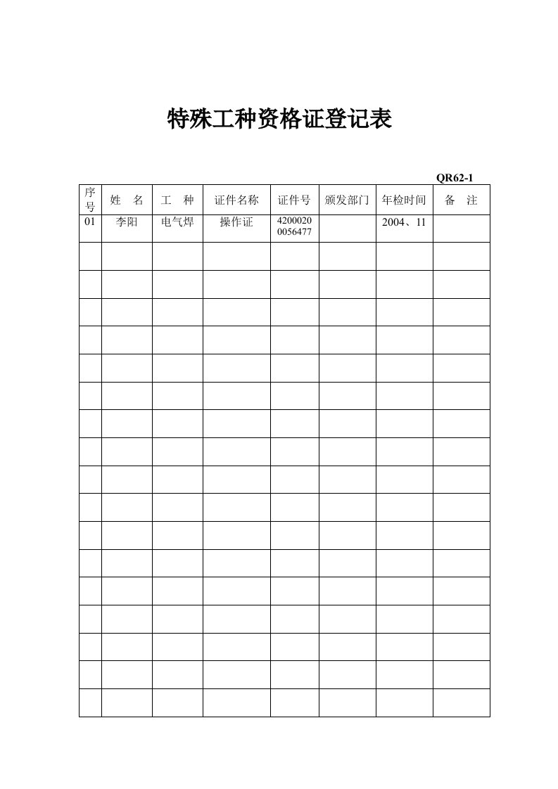 特殊工种资格证登记表