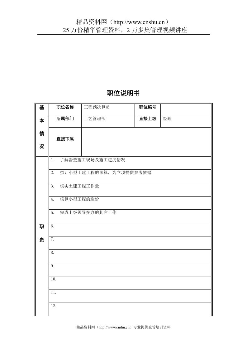 江动股份-工程预决算员职位说明书