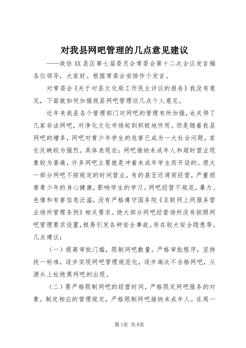 对我县网吧管理的几点意见建议