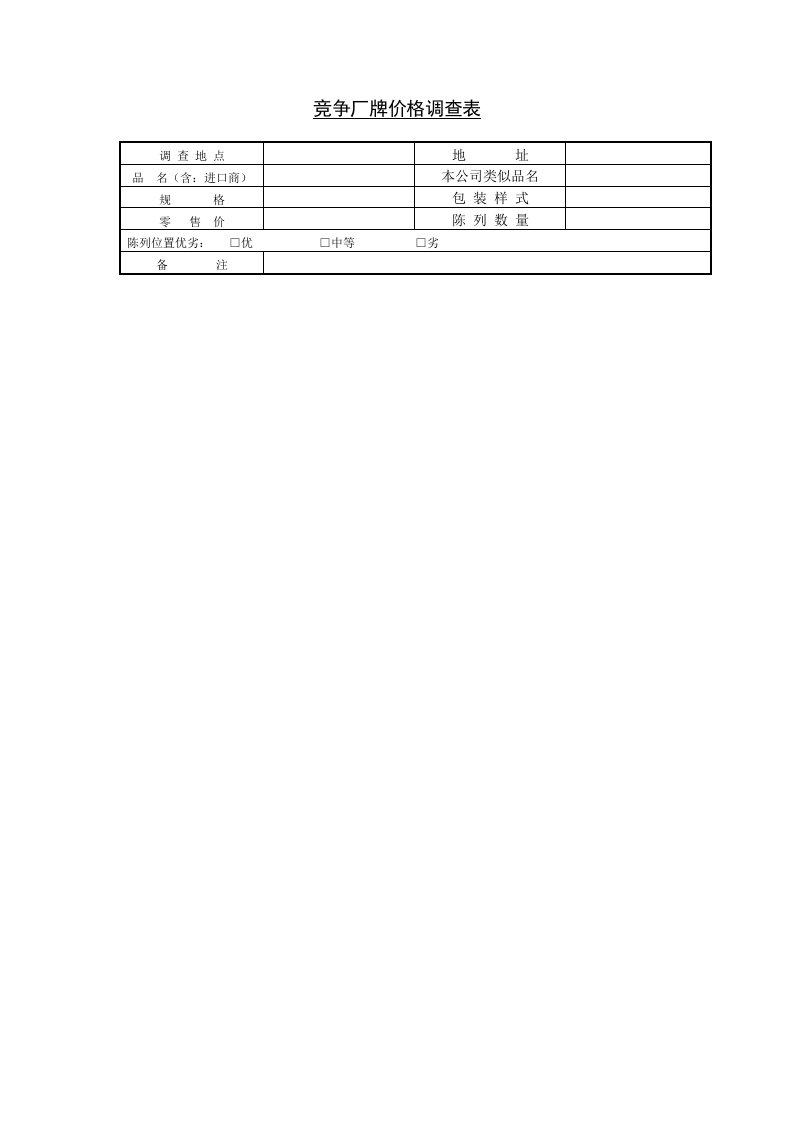 竞争厂牌价格调查表