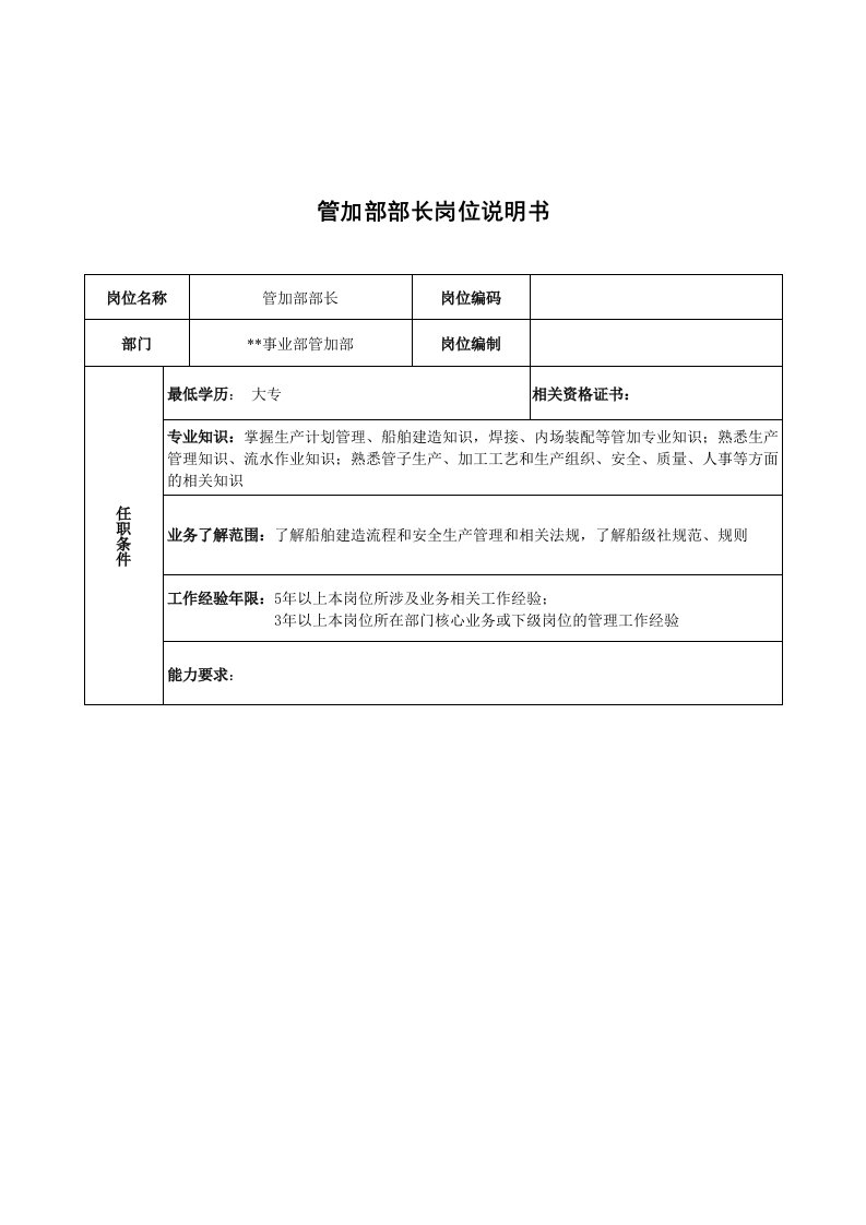 岗位职责-广船国际事业部管加部部长岗位说明书