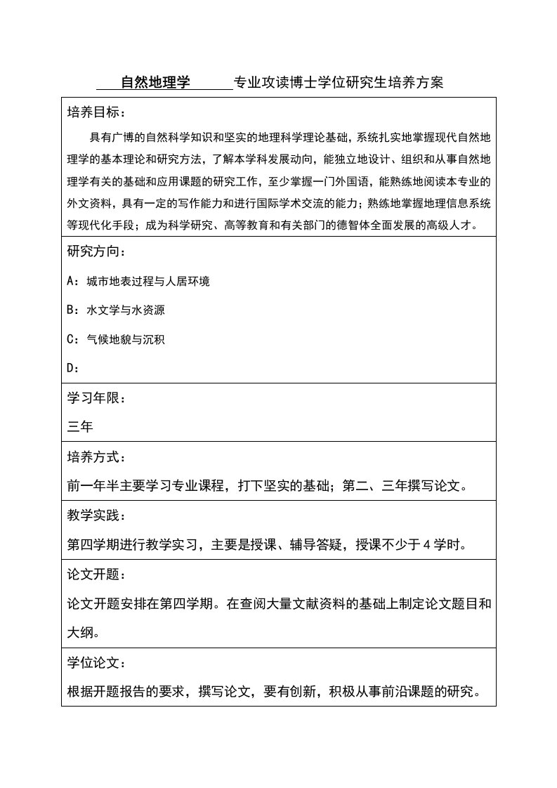 自然地理学专业攻读博士学位研究生培养方案