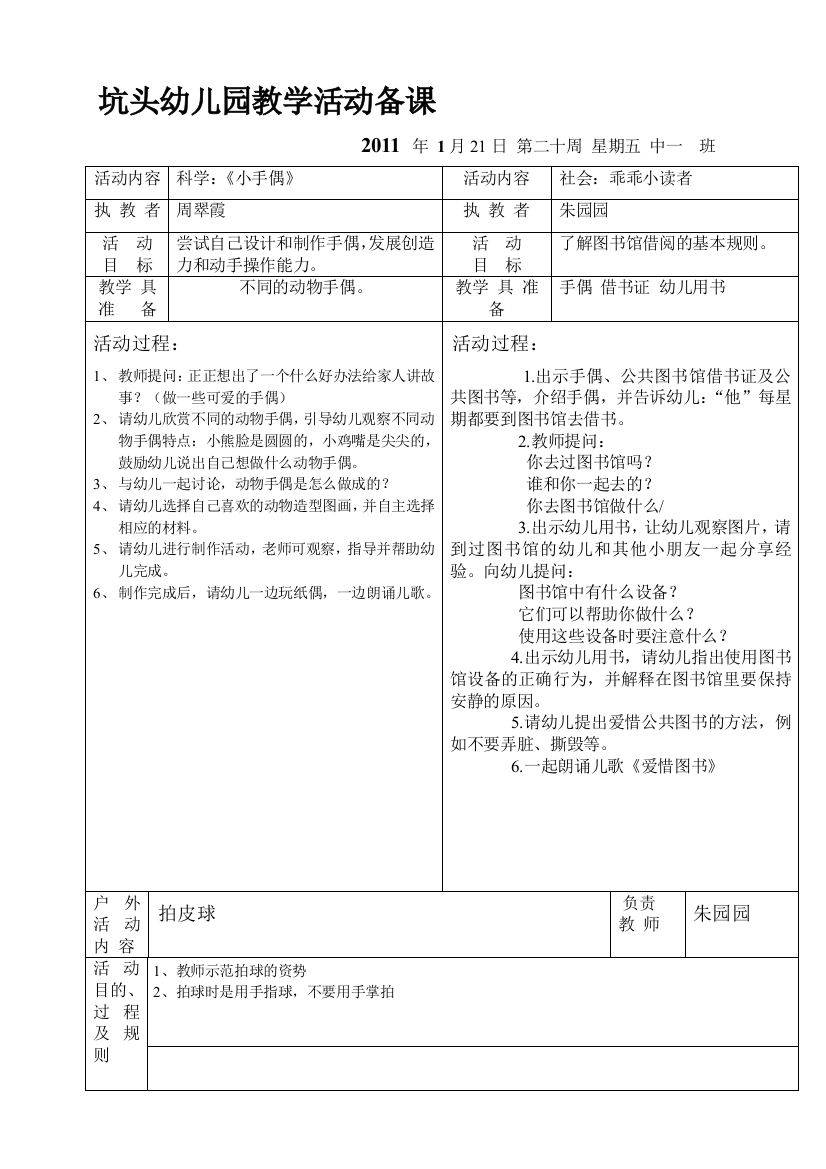 坑头幼儿园2010学年第一学期中一班备课,第20周礼拜5