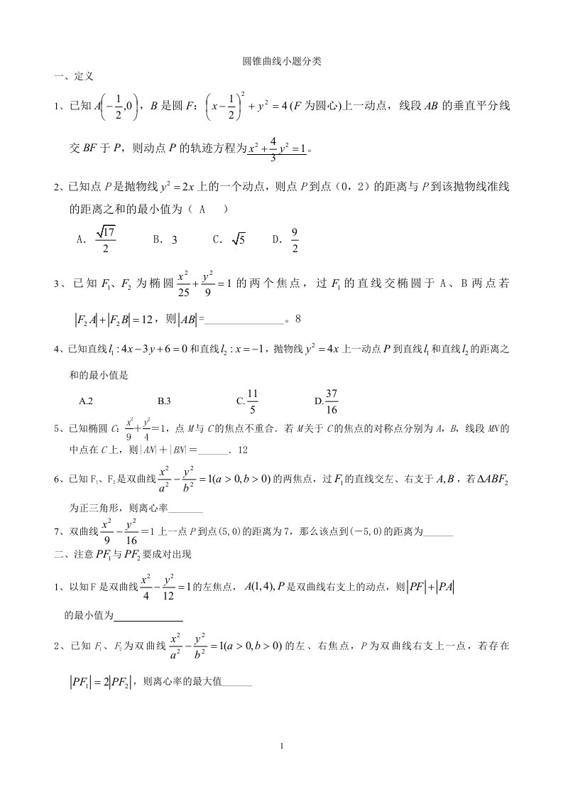 圆锥曲线小题分类