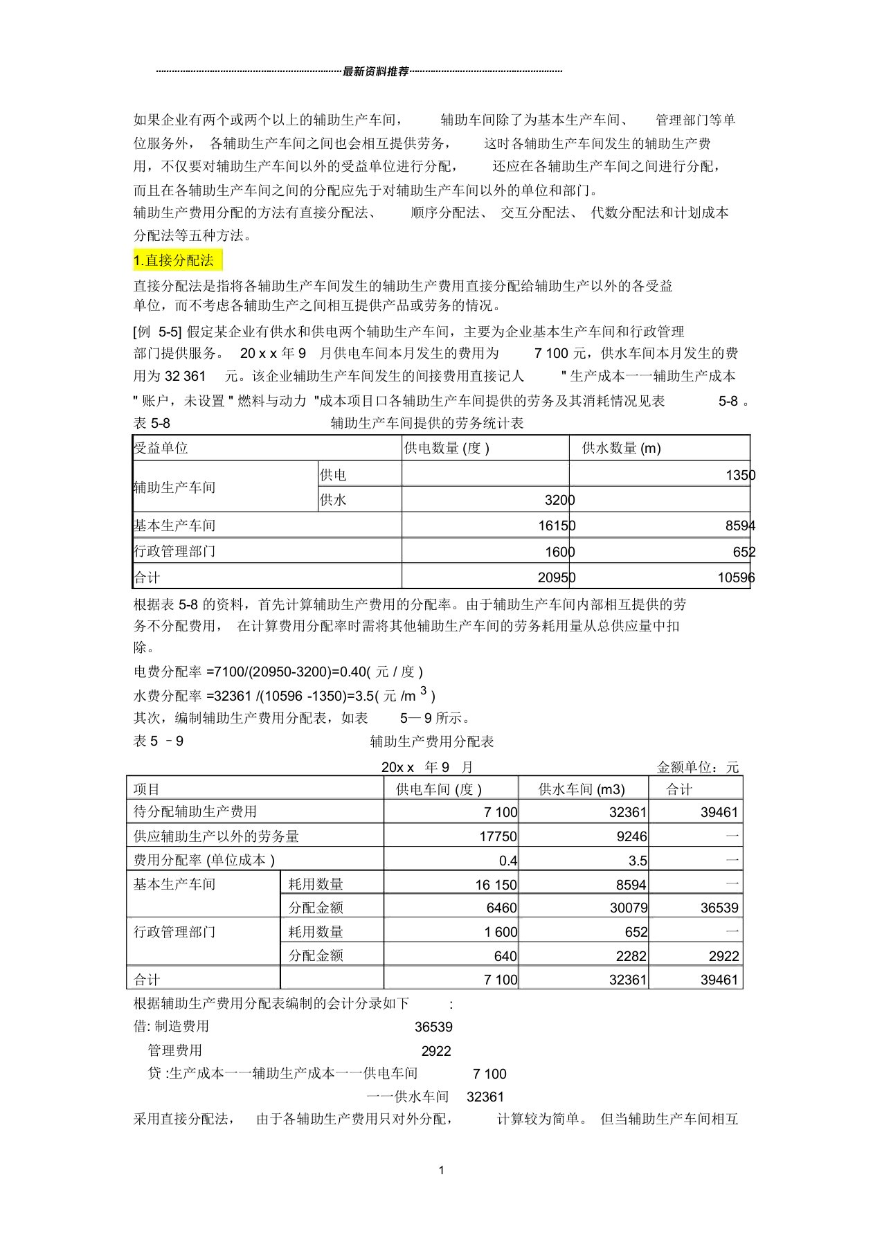 辅助生产费用的分配(5种分配方法例题)