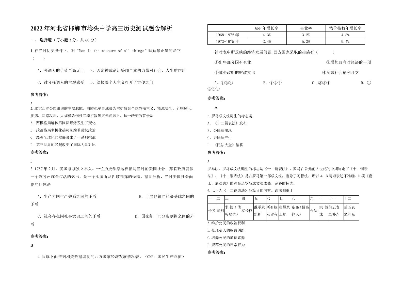 2022年河北省邯郸市埝头中学高三历史测试题含解析