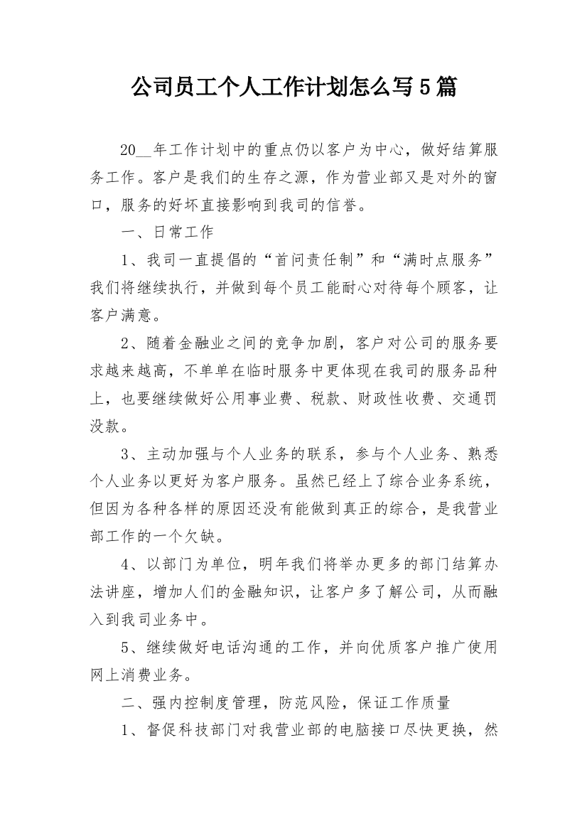 公司员工个人工作计划怎么写5篇