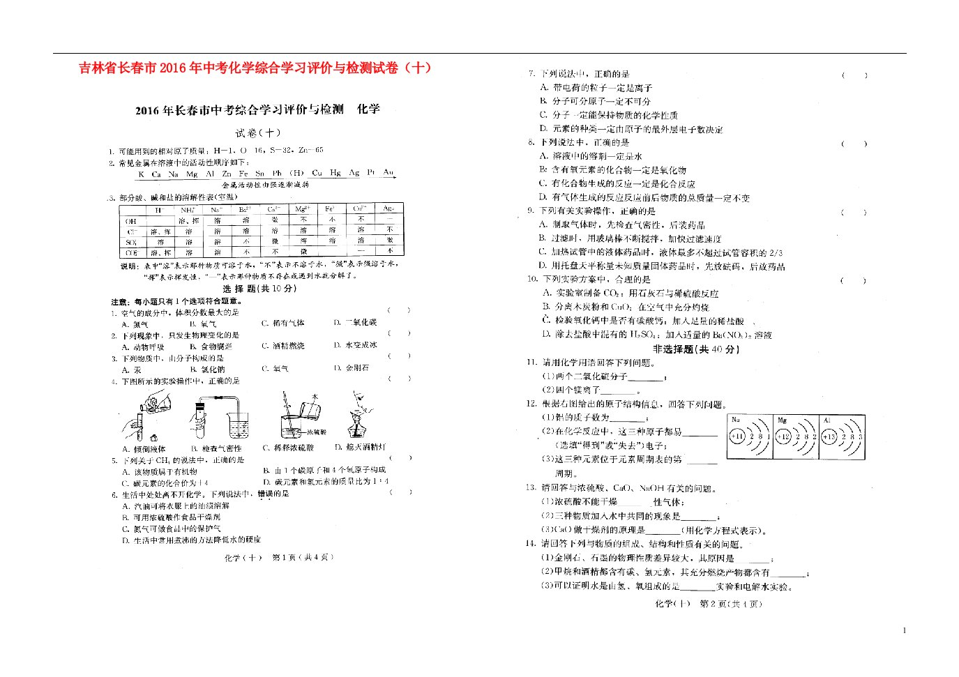 吉林省长市中考化学综合学习评价与检测试卷（十）（扫描版）