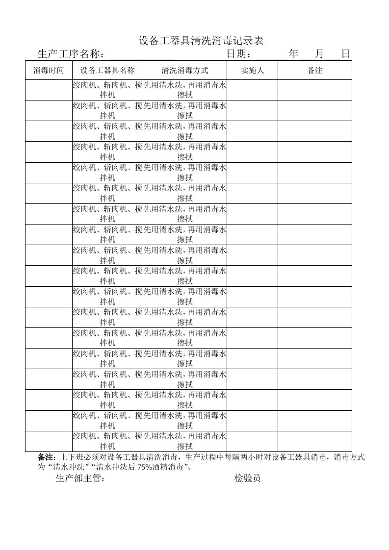 设备工器具清洗消毒记录表