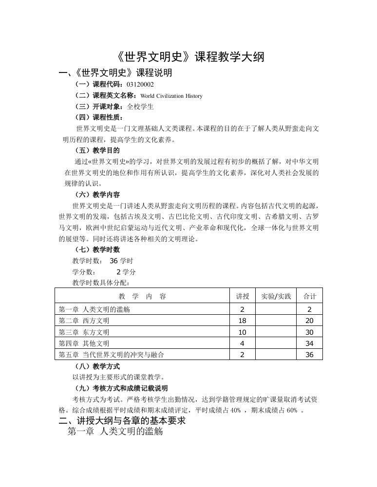 世界文明史课程教学大纲