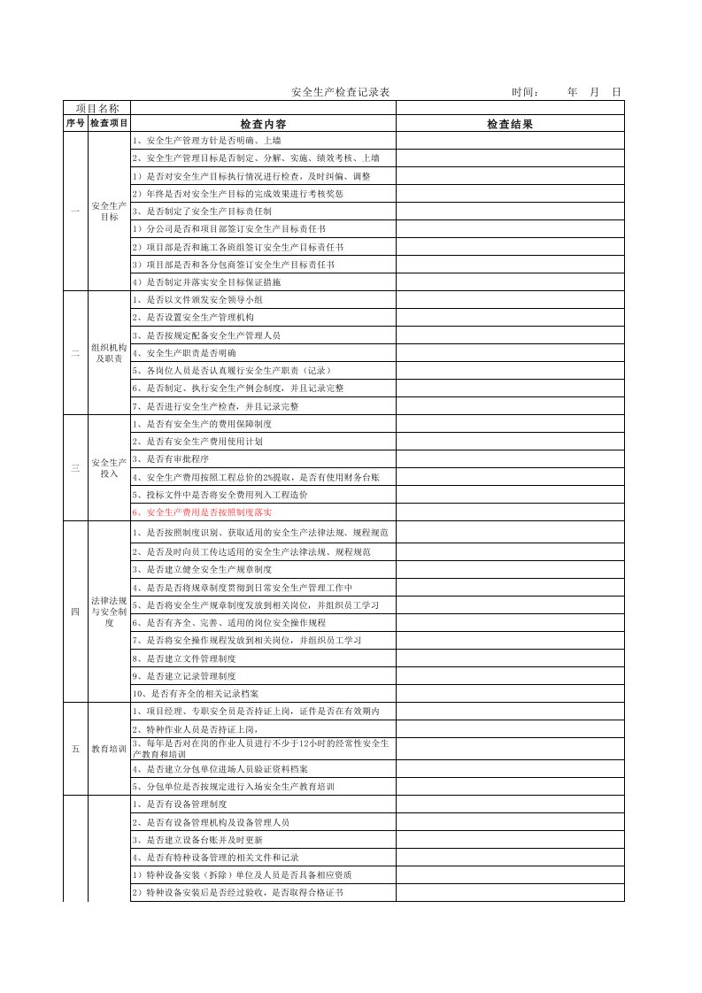 职业健康安全与环境管理体系检查记录表